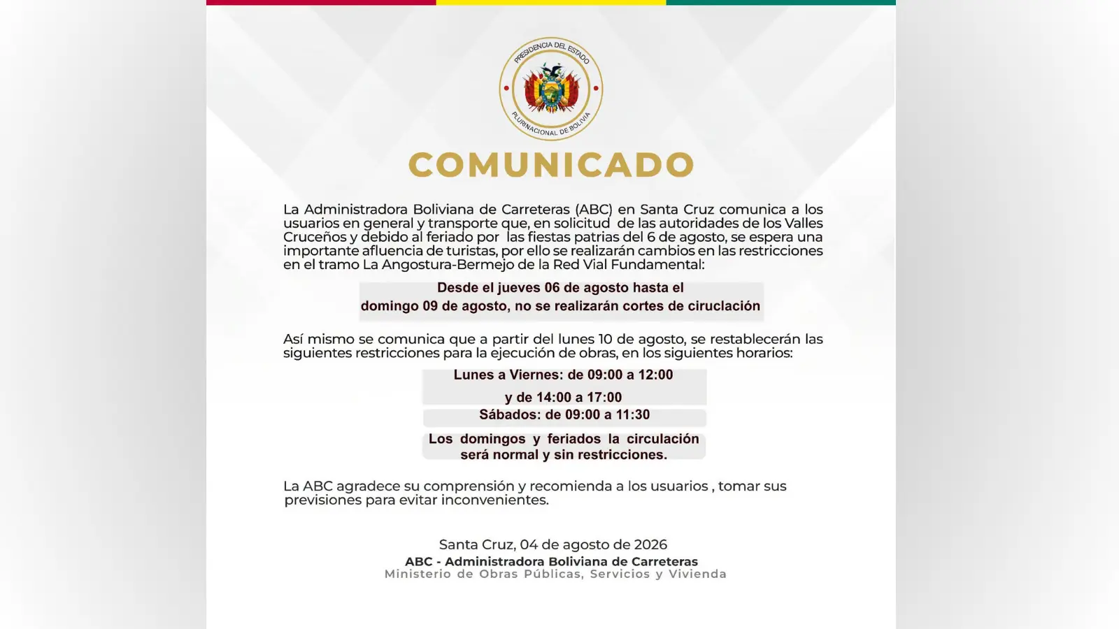 abc-levantara-restriccion-en-tramo-la-angostura-bermejo
